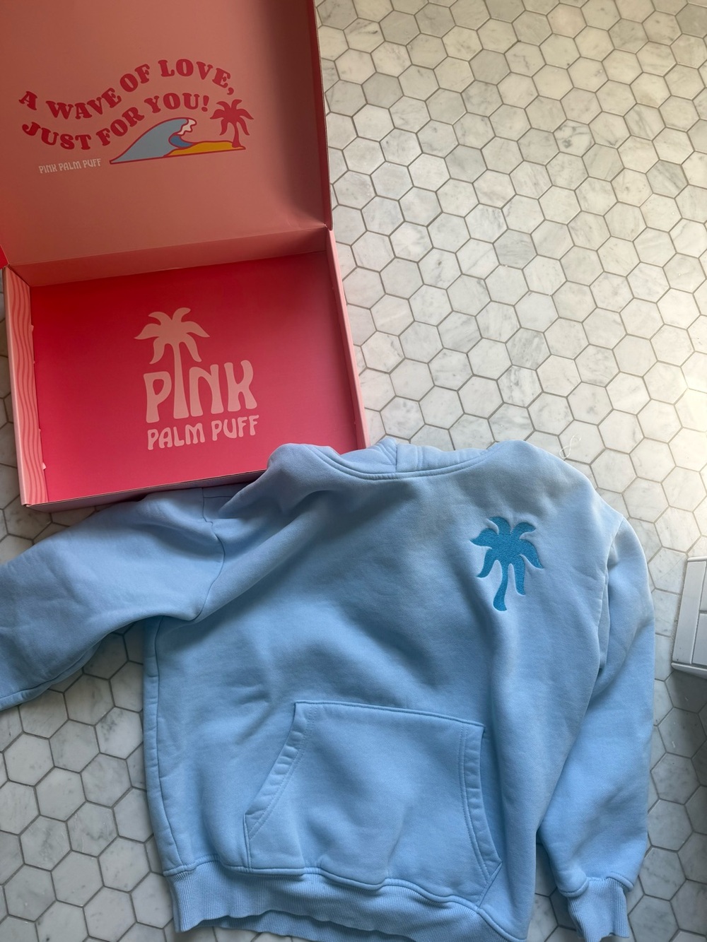 PINK Palm Puff Light Blue Pullover Sweatshirt
